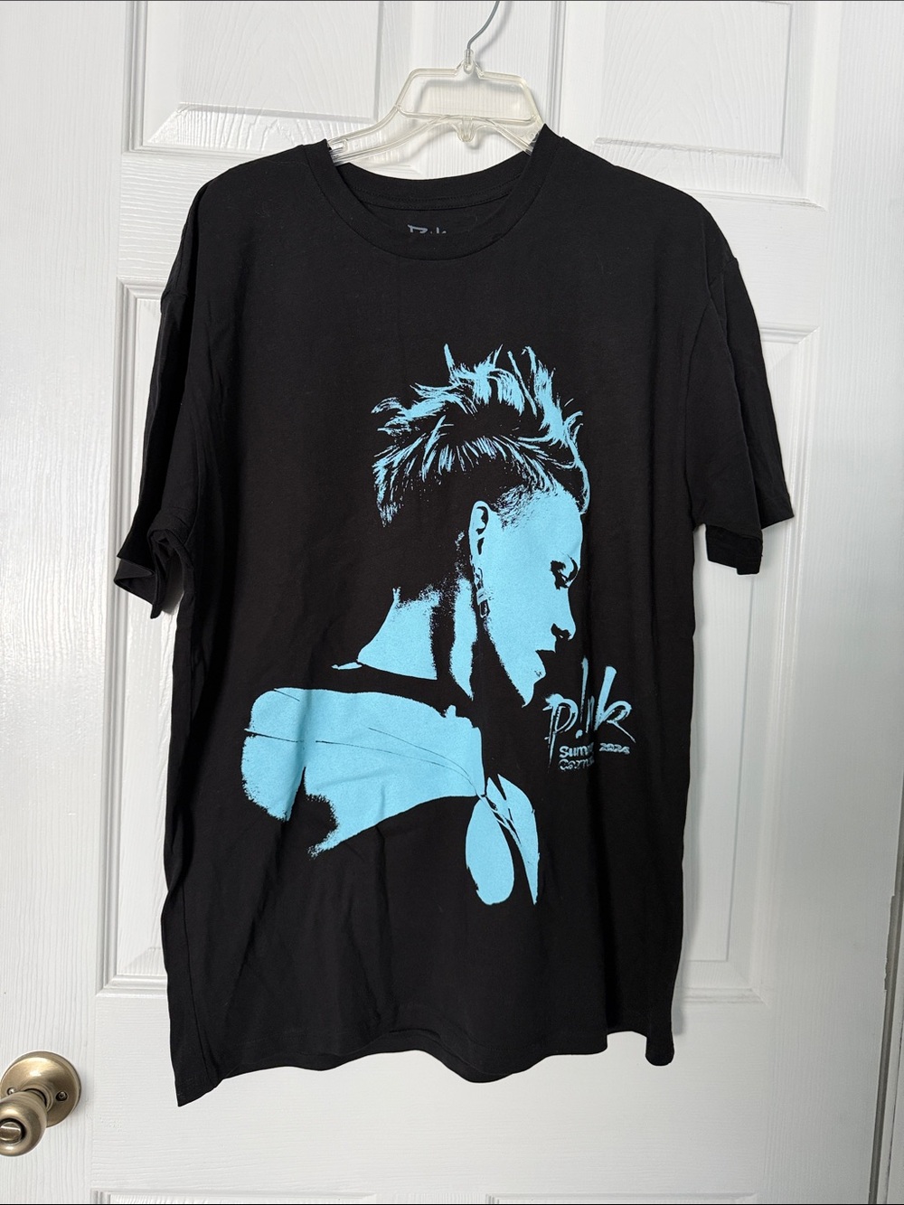 Celebrity Pink Black Tee with Light Blue Portrait Graphic